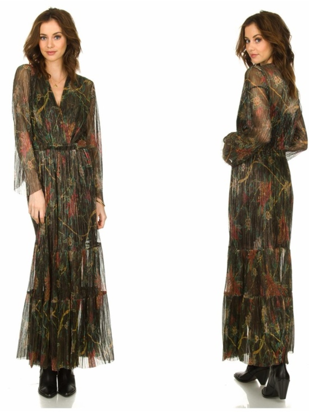 Ba&sh Hendrix Metallic Plissé Floral Maxi Dress Bell Sleeve Wedding Guest Gown